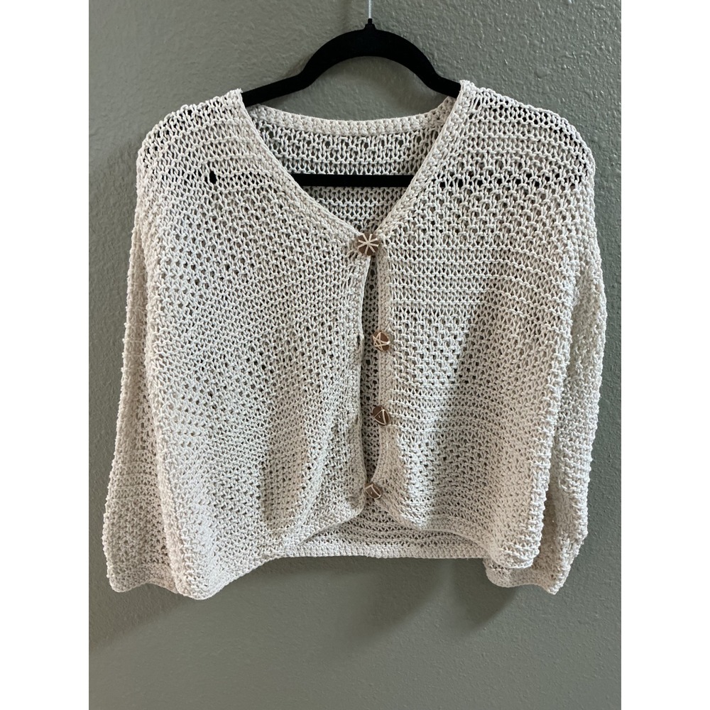 Handmade Cream Crochet Open Knit Cardigan Star Wood Button V-Neck Sweater